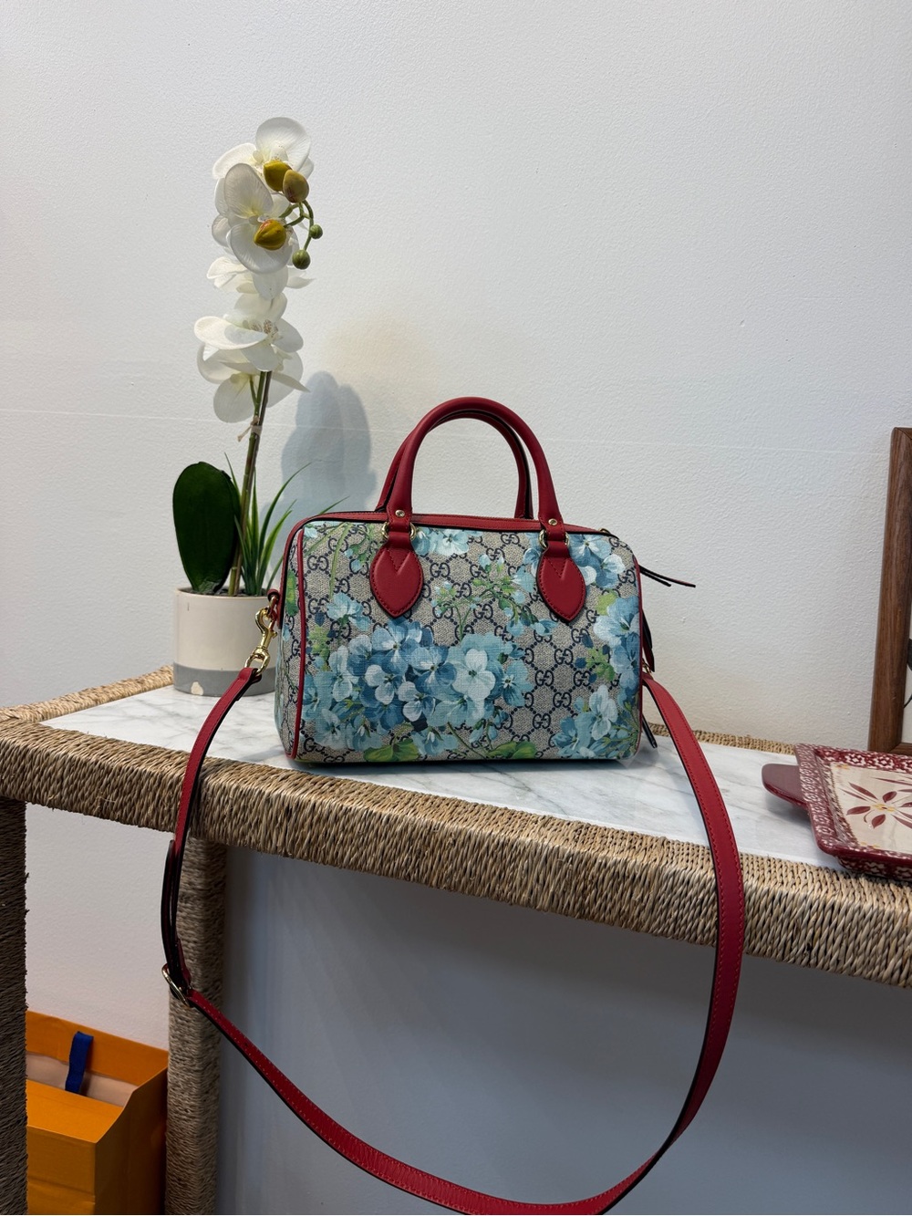 Gucci GG Supreme Blue Blooms Red Leather Boston Shoulder Bag
